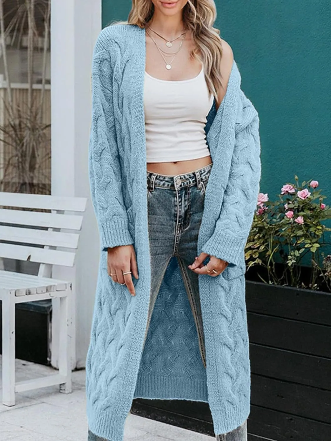 ZIWOCH Women's Long Cardigan Coats Cable Knit Casual Open Front Long Sleeve Loose Sweater with Pockets