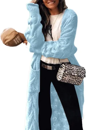 ZIWOCH Women's Long Cardigan Coats Cable Knit Casual Open Front Long Sleeve Loose Sweater with Pockets