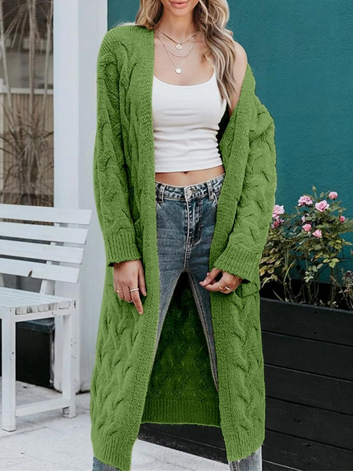 ZIWOCH Women's Long Cardigan Coats Cable Knit Casual Open Front Long Sleeve Loose Sweater with Pockets