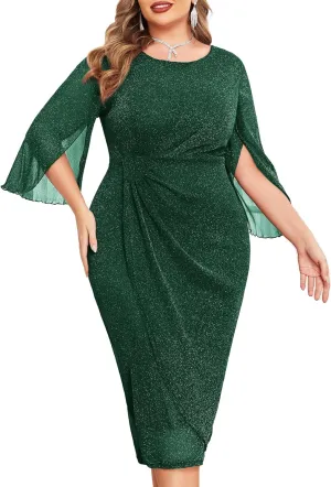 ZOMVA Womens Plus Size Mesh Cocktail Dress Petal 3/4 Sleeve Round Neck Wedding Guest Party Midi Dresses