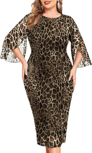 ZOMVA Womens Plus Size Mesh Cocktail Dress Petal 3/4 Sleeve Round Neck Wedding Guest Party Midi Dresses