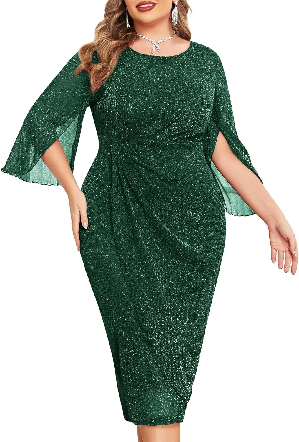 ZOMVA Womens Plus Size Mesh Cocktail Dress Petal 3/4 Sleeve Round Neck Wedding Guest Party Midi Dresses