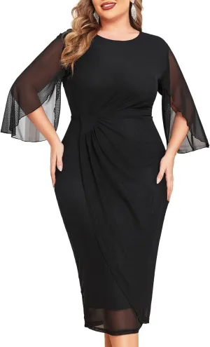ZOMVA Womens Plus Size Mesh Cocktail Dress Petal 3/4 Sleeve Round Neck Wedding Guest Party Midi Dresses