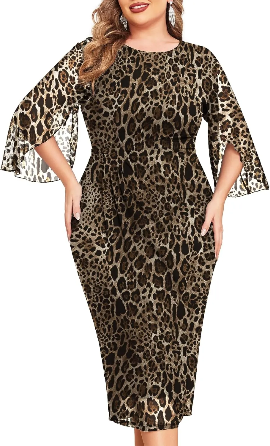 ZOMVA Womens Plus Size Mesh Cocktail Dress Petal 3/4 Sleeve Round Neck Wedding Guest Party Midi Dresses