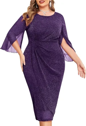 ZOMVA Womens Plus Size Mesh Cocktail Dress Petal 3/4 Sleeve Round Neck Wedding Guest Party Midi Dresses