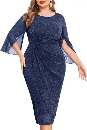 ZOMVA Womens Plus Size Mesh Cocktail Dress Petal 3/4 Sleeve Round Neck Wedding Guest Party Midi Dresses