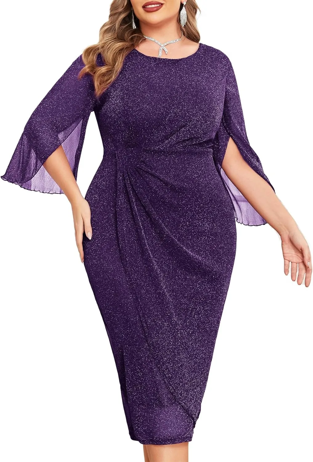 ZOMVA Womens Plus Size Mesh Cocktail Dress Petal 3/4 Sleeve Round Neck Wedding Guest Party Midi Dresses