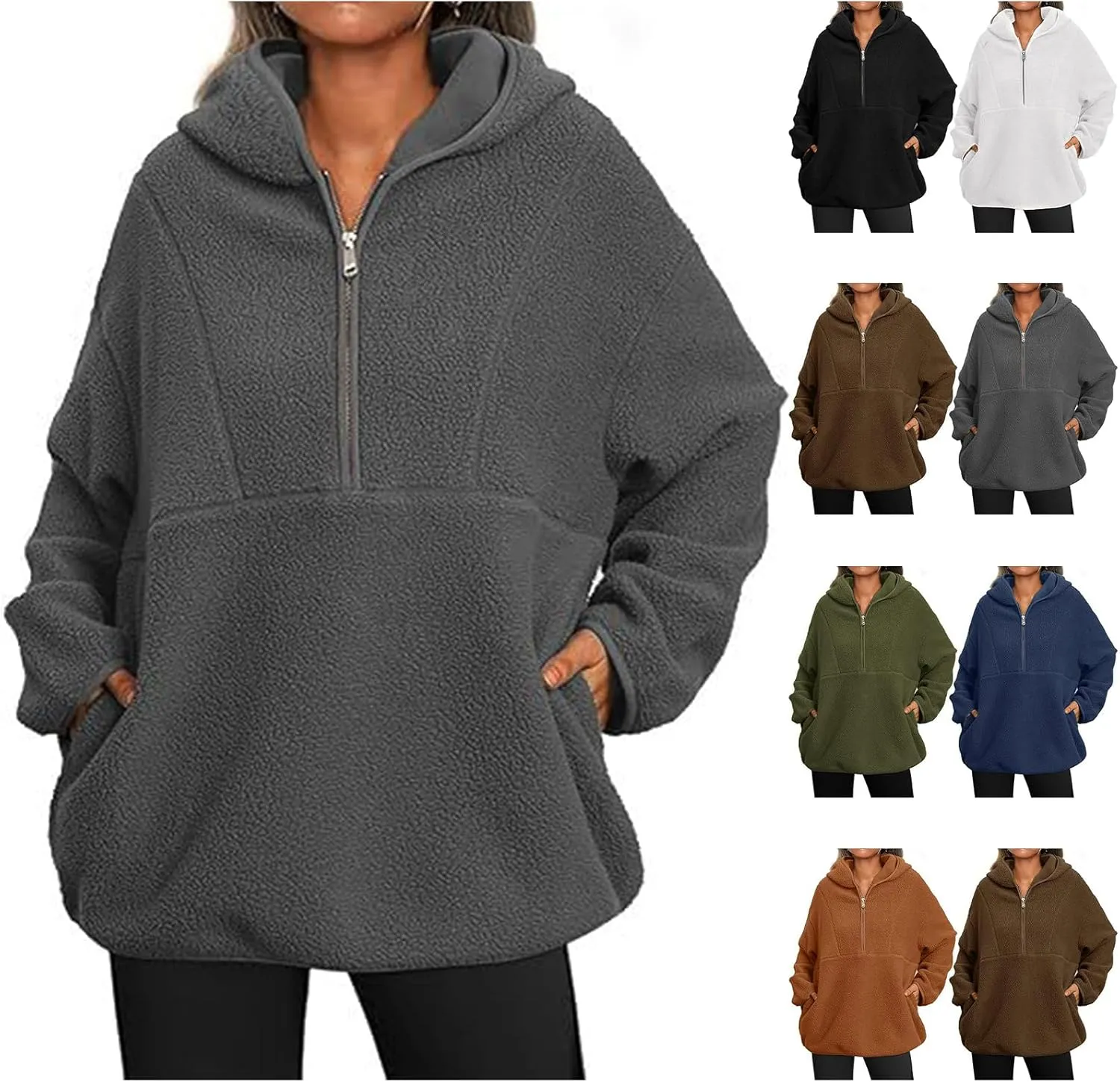 ZWRXW Women's Oversized Sherpa Hoodies Half Zip Fuzzy Fleece Sweatshirts Casual Solid Pullover Tops Fall Outfits with Pocket