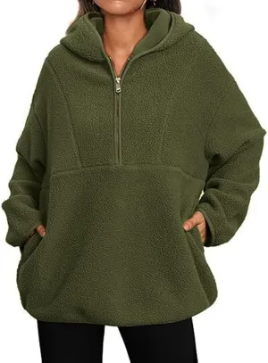 ZWRXW Women's Oversized Sherpa Hoodies Half Zip Fuzzy Fleece Sweatshirts Casual Solid Pullover Tops Fall Outfits with Pocket